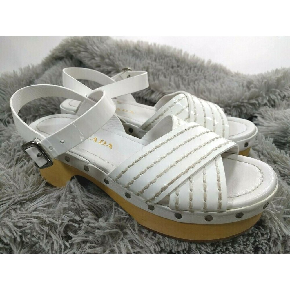 PRADA $790 rtl White Patent Stitch Trim Studded 8